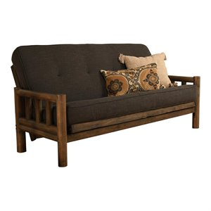pemberly row futon with linen fabric mattress in walnut and charcoal gray