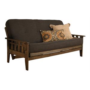 pemberly row frame with linen fabric mattress in charcoal gray and walnut