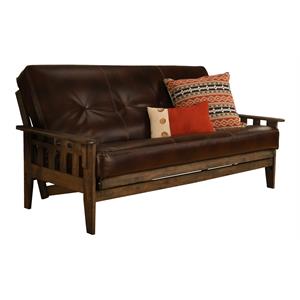 pemberly row rustic walnut futon and java brown faux leather mattress