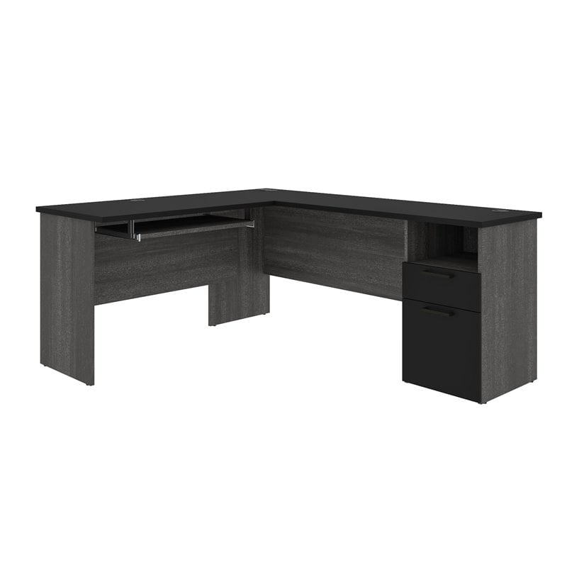Pemberly Row Traditional L Shaped Computer Desk in Black and Bark Gray