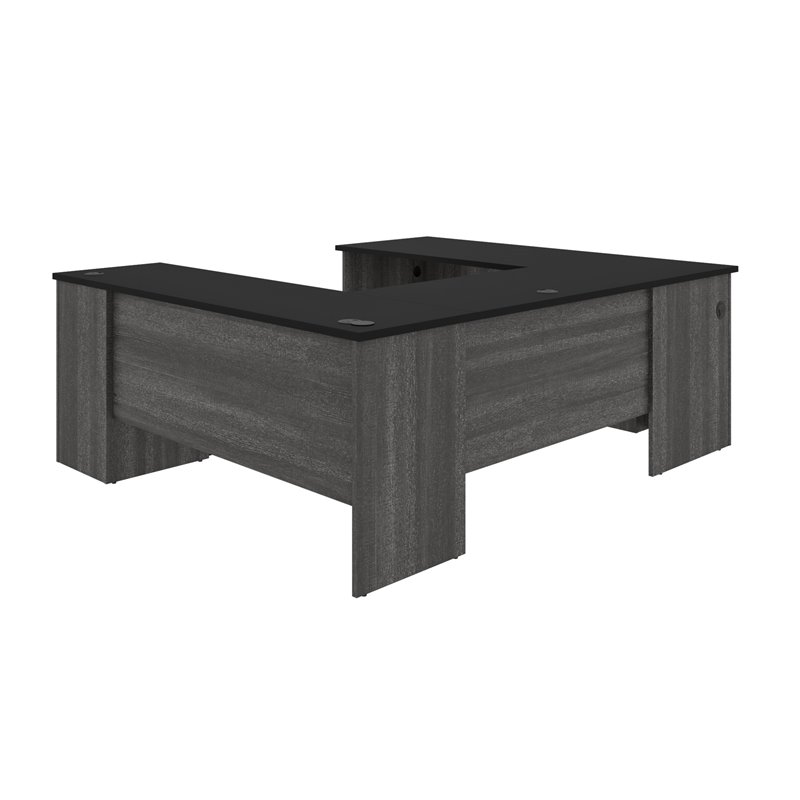 Pemberly Row Traditional U Shaped Computer Desk in Black and Bark Gray
