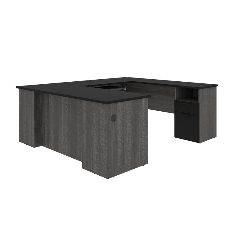 Pemberly Row Traditional U Shaped Computer Desk in Black and Bark Gray