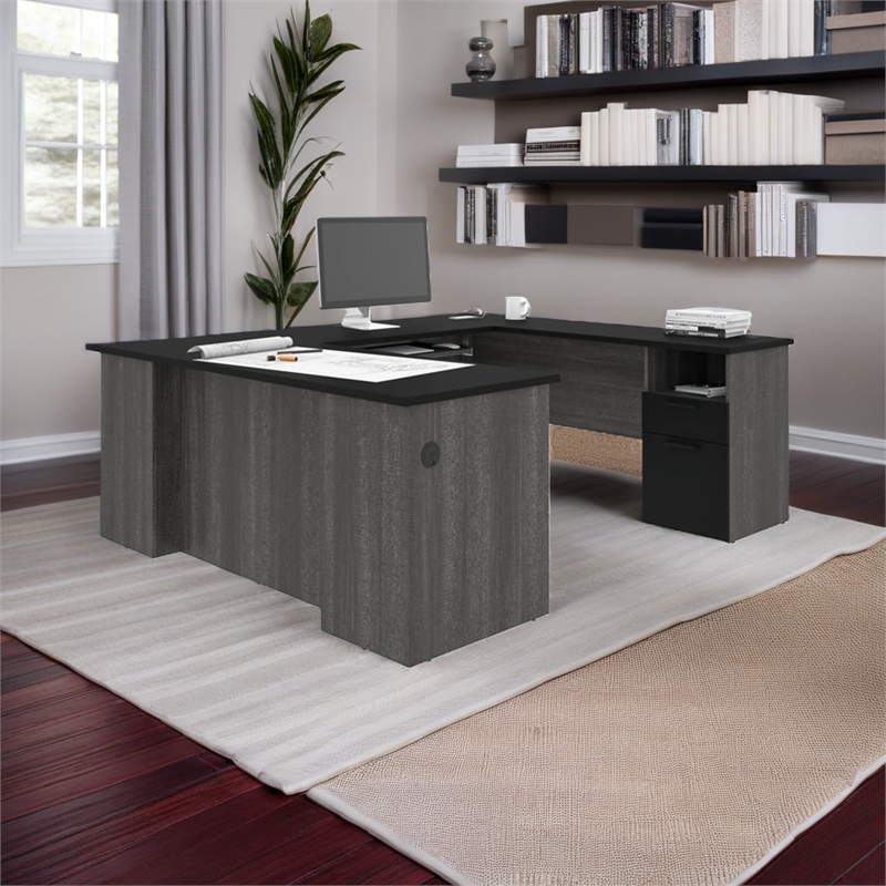 Pemberly Row Traditional U Shaped Computer Desk in Black and Bark Gray