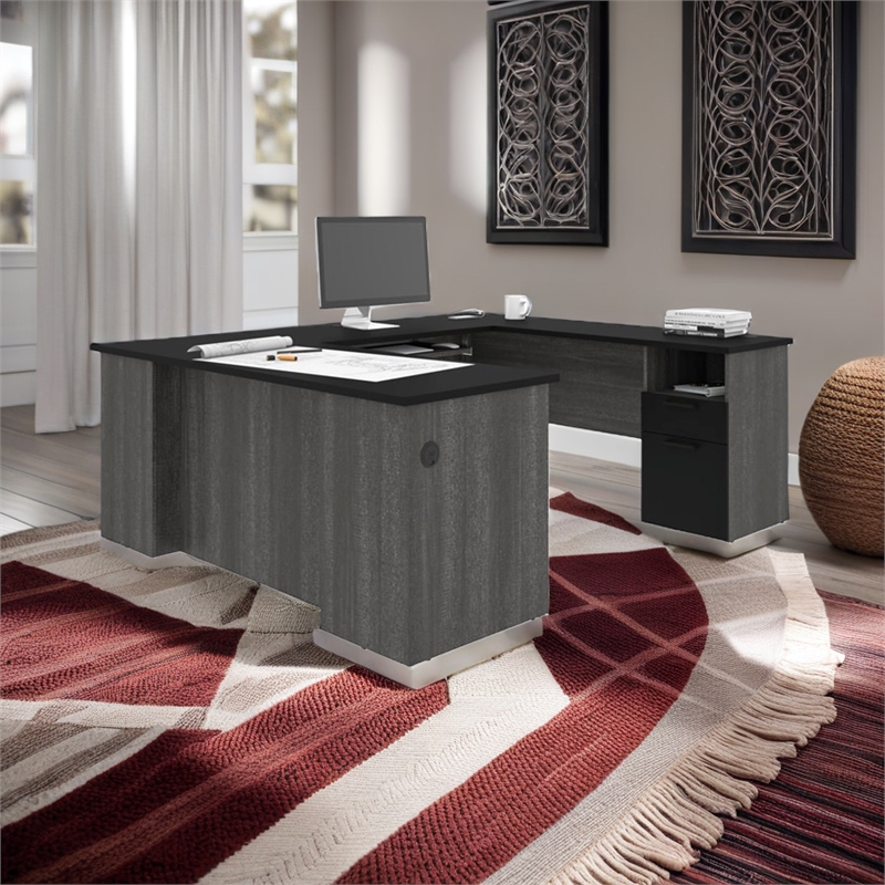 Pemberly Row Traditional U Shaped Computer Desk in Black and Bark Gray