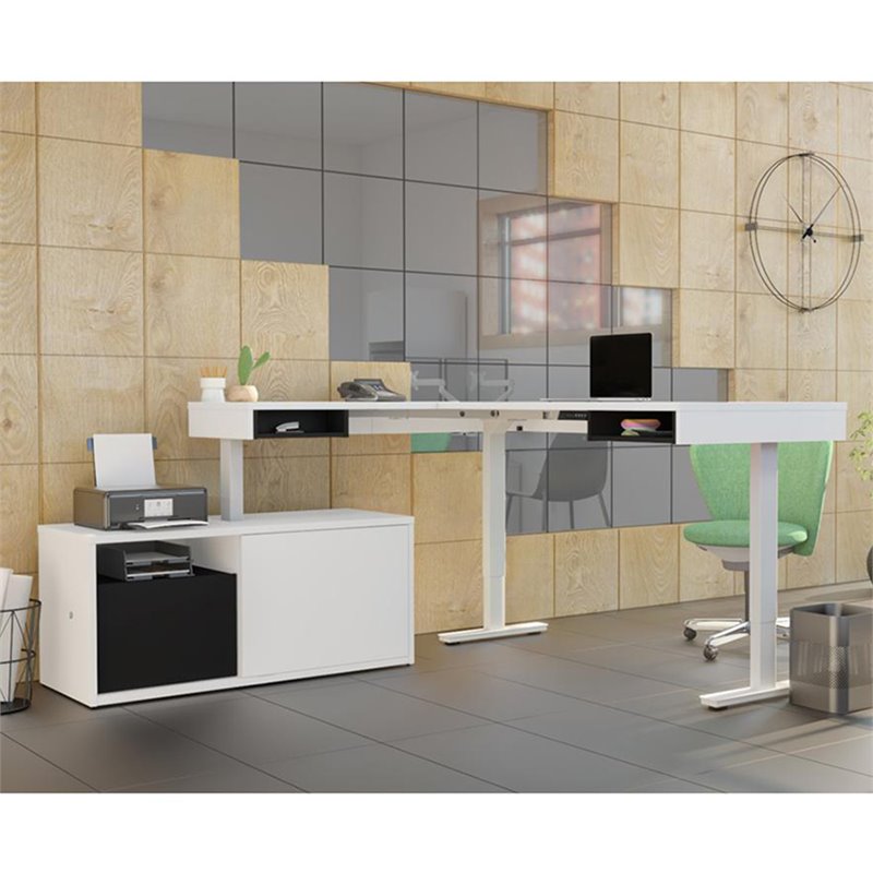 Pemberly Row L Shaped Adjustable Standing Desk with Credenza in White