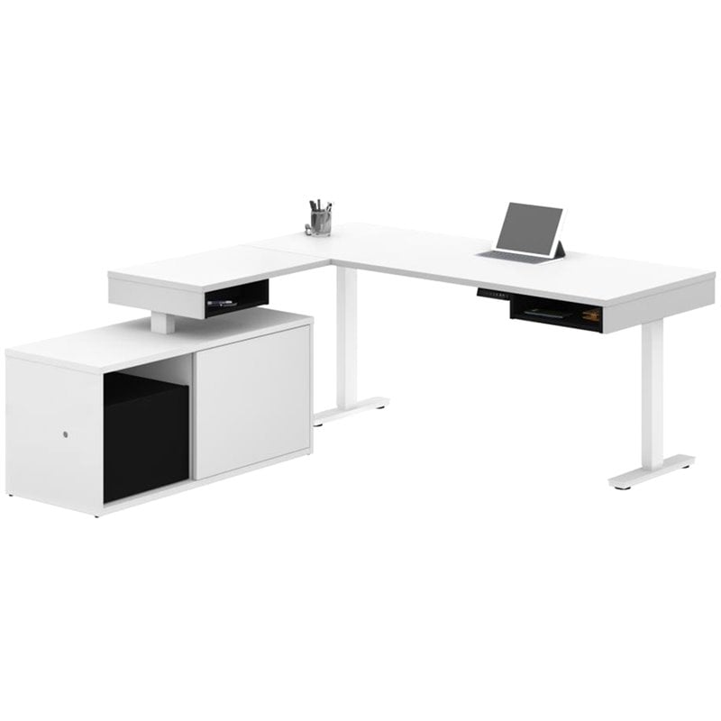 Pemberly Row L Shaped Adjustable Standing Desk with Credenza in White