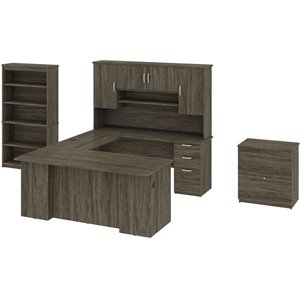 pemberly row 4 piece executive computer desk office set in walnut gray