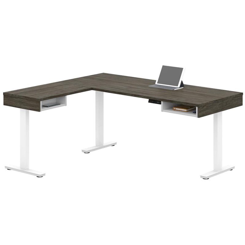 Pemberly Row L Shaped Adjustable Standing Desk in Walnut Gray and White