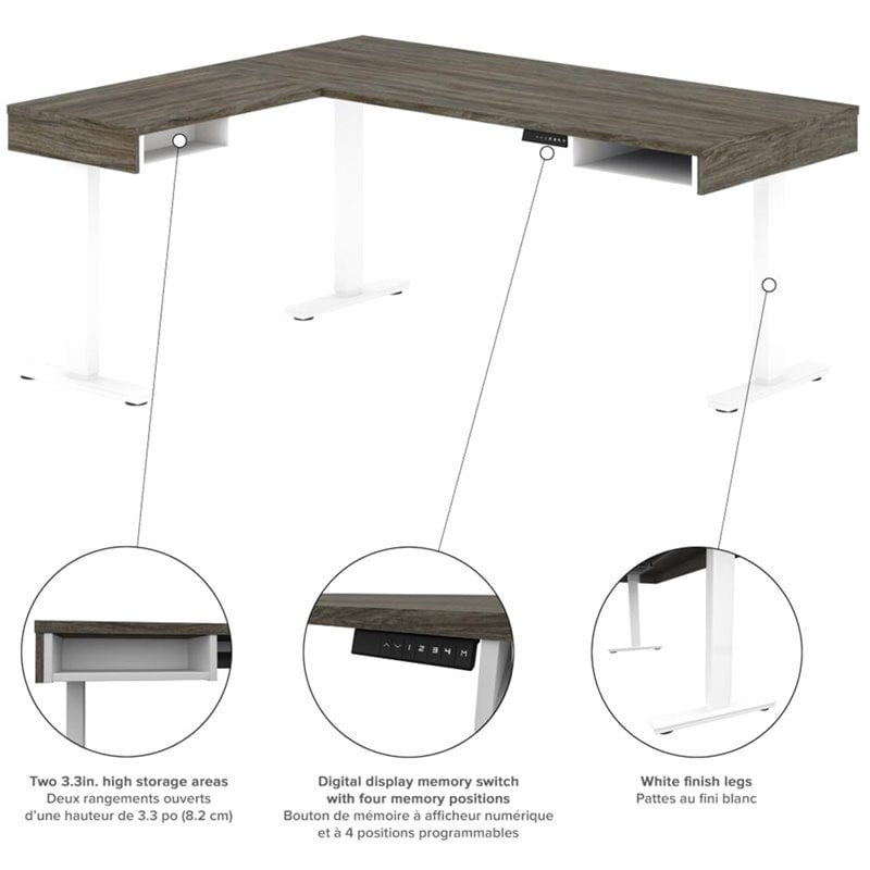 Pemberly Row L Shaped Adjustable Standing Desk in Walnut Gray and White