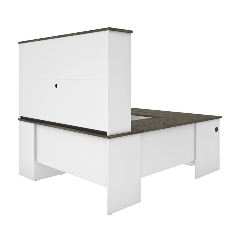 Pemberly Row Transitional Wood U Shaped Computer Desk with Hutch in Gray/White