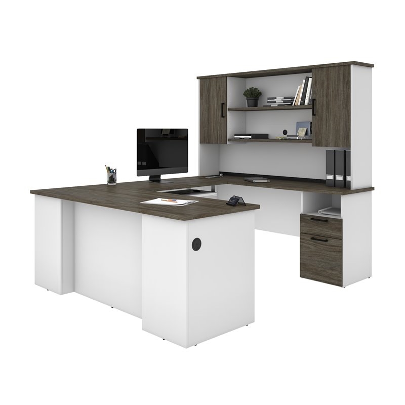 Pemberly Row Transitional Wood U Shaped Computer Desk with Hutch in Gray/White