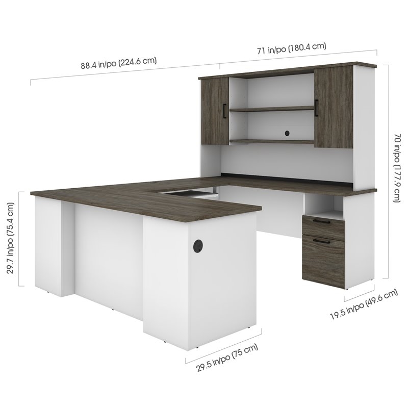 Pemberly Row Transitional Wood U Shaped Computer Desk with Hutch in Gray/White