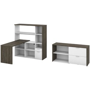 pemberly row 3 piece wooden l shaped office set in walnut gray and white
