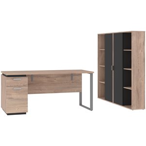 pemberly row 3 piece single pedestal office set in rustic brown and graphite