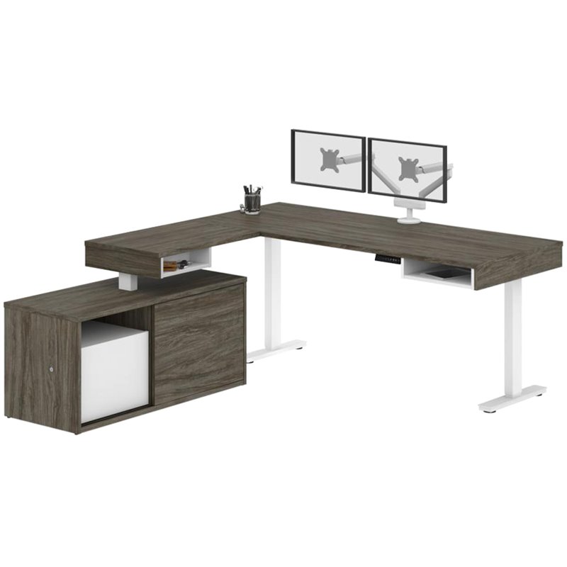 Pemberly Row L Shaped Adjustable Standing Desk with Credenza and Monitor Arms