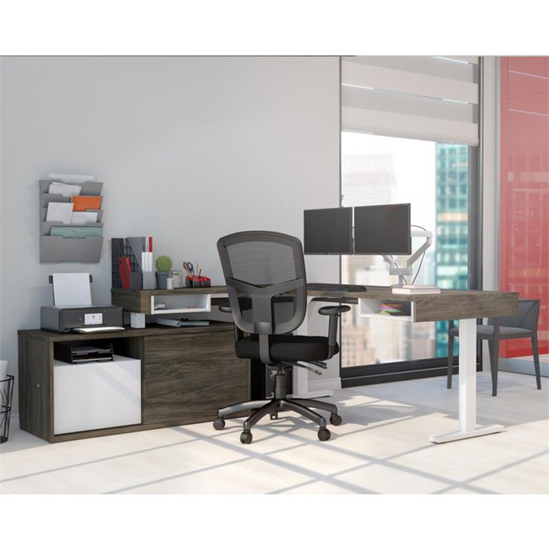 Pemberly Row L Shaped Adjustable Standing Desk with Credenza and Monitor Arms