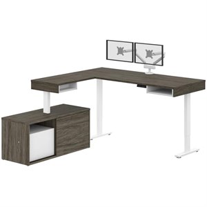 pemberly row l shaped adjustable standing desk with credenza and monitor arms