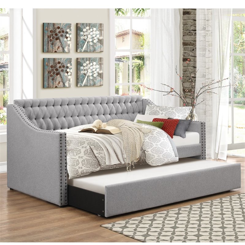 Pemberly Row Contemporary Upholstered Daybed with Trundle in Gray