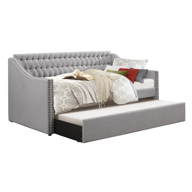 Pemberly Row Contemporary Upholstered Daybed with Trundle in Gray