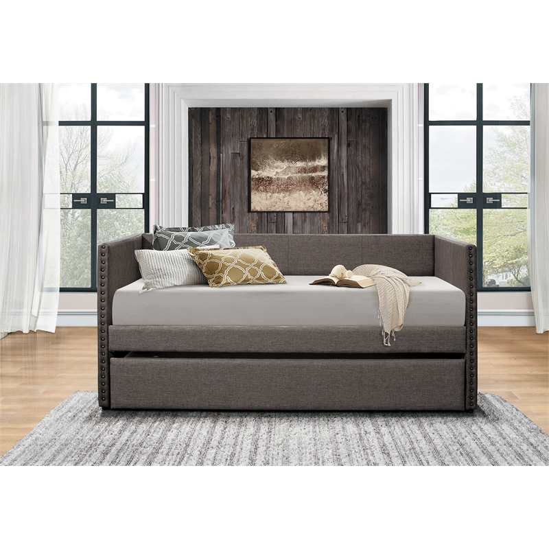 Pemberly Row Contemporary Upholstered Daybed with Trundle in Gray