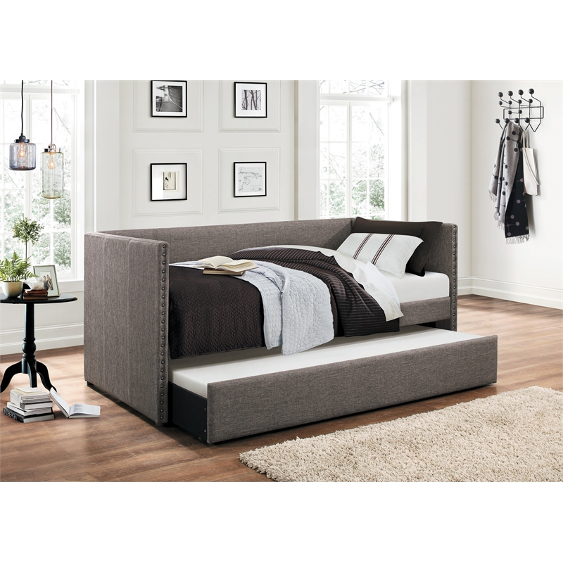 Pemberly Row Contemporary Upholstered Daybed with Trundle in Gray