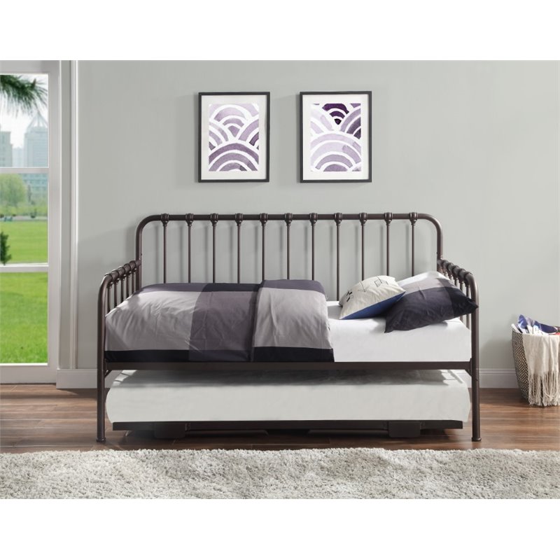 Pemberly Row Contemporary Metal Daybed with Trundle in Bronze