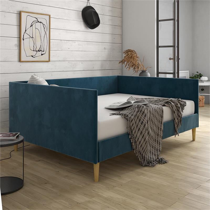 Pemberly Row Mid-Century Velvet Upholstered Daybed Full Size in Blue