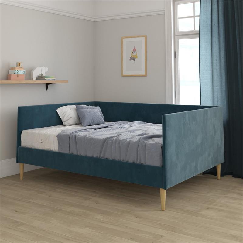 Pemberly Row Mid-Century Velvet Upholstered Daybed Full Size in Blue