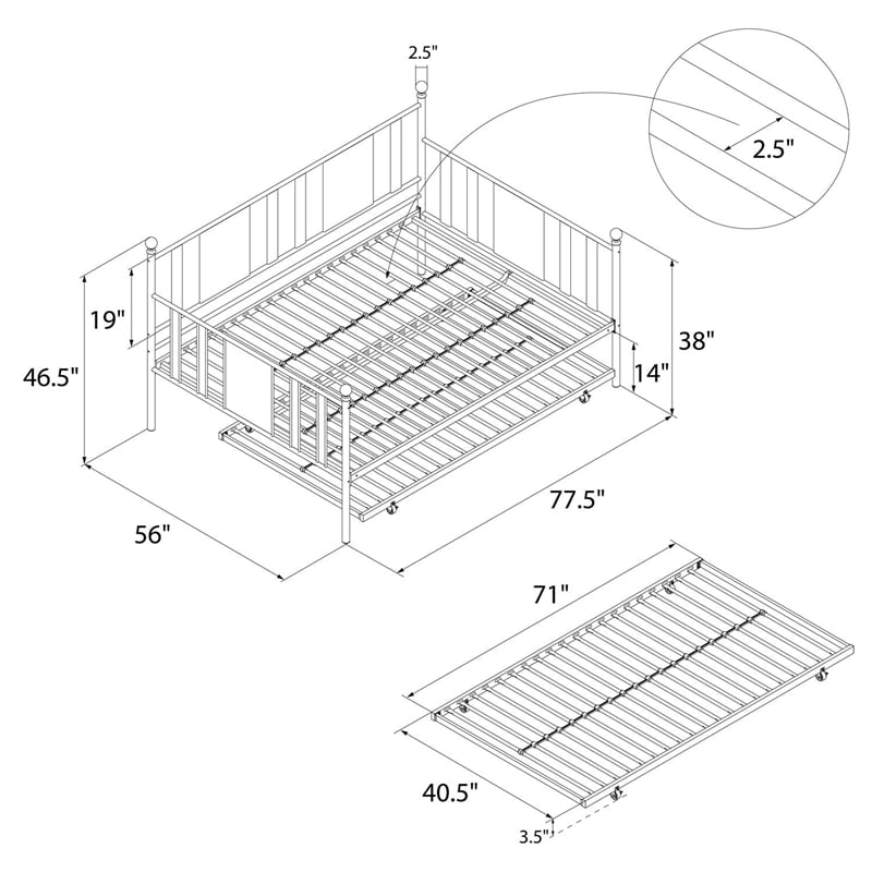 Pemberly Row Traditional Metal Full Daybed and Twin Trundle in Black