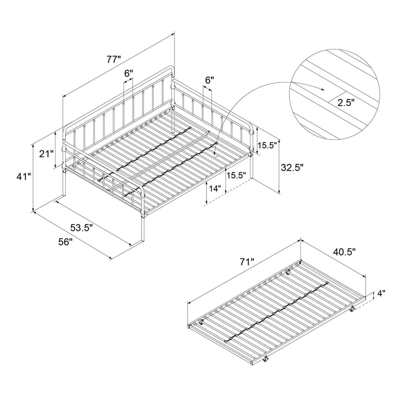 Pemberly Row Contemporary Metal Daybed and Trundle Full Size in Black