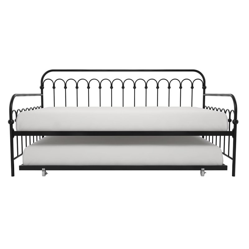 Pemberly Row Metal Twin Daybed with Roll Out Trundle in Black