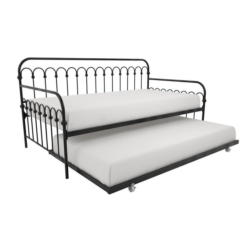 Pemberly Row Metal Twin Daybed with Roll Out Trundle in Black