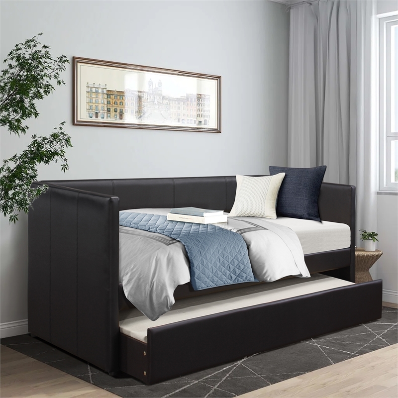 Pemberly Row Contemporary Faux Leather Daybed with Wood Frame in Black