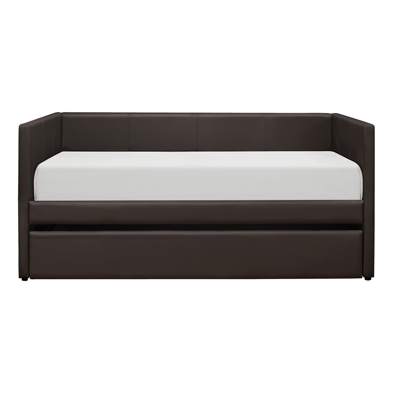 Pemberly Row Contemporary Faux Leather Daybed with Wood Frame in Brown