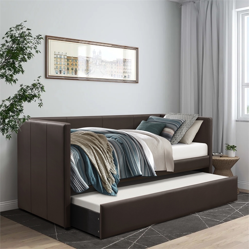 Pemberly Row Contemporary Faux Leather Daybed with Wood Frame in Brown