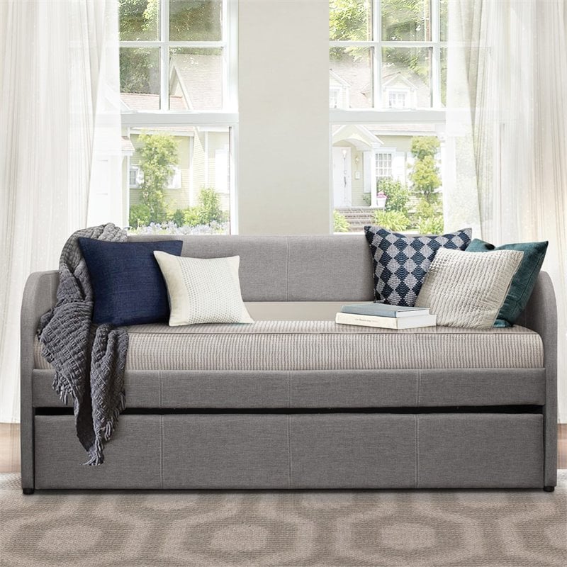 Pemberly Row Modern Upholstered Daybed with Trundle in Gray