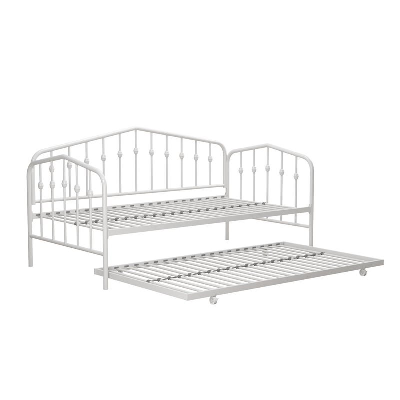 Pemberly Row Modern Metal Twin Daybed & Trundle with Round Finial Posts in White
