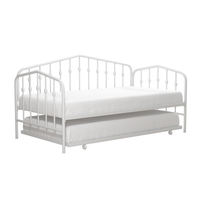 Pemberly Row Modern Metal Twin Daybed & Trundle with Round Finial Posts in White