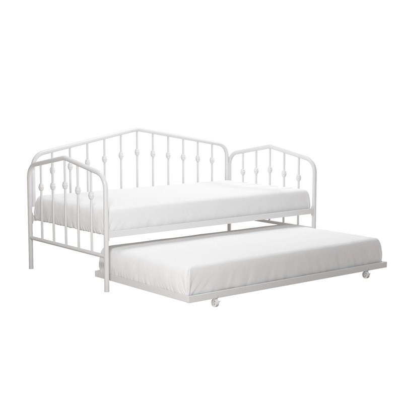 Pemberly Row Modern Metal Twin Daybed & Trundle with Round Finial Posts in White