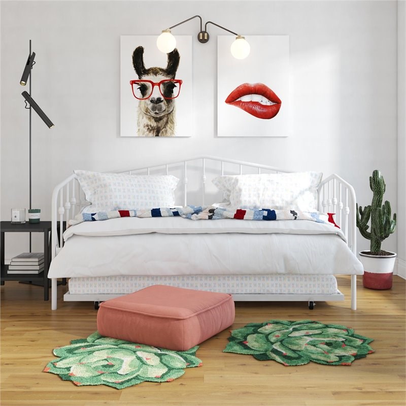 Pemberly Row Modern Metal Twin Daybed & Trundle with Round Finial Posts in White