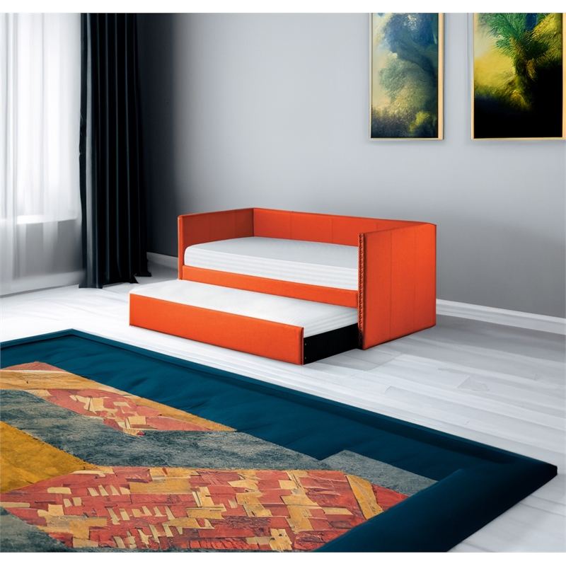 Pemberly Row Contemporary Fabric Upholstered Daybed with Trundle in Orange