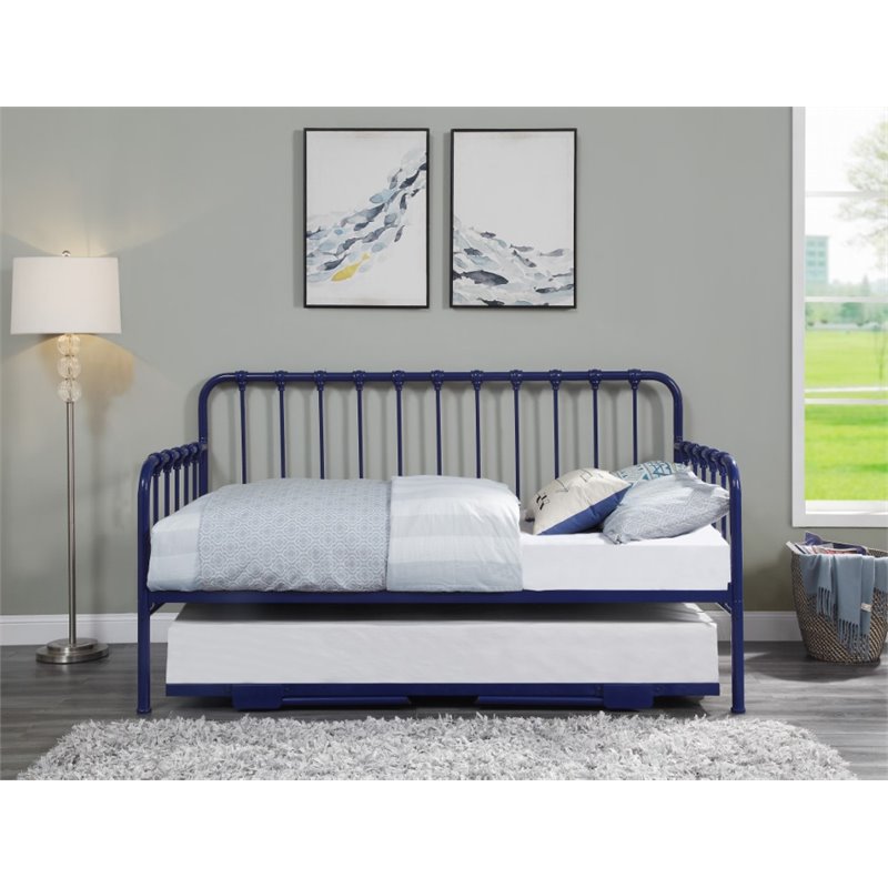 Pemberly Row Contemporary Metal Daybed with Trundle in Navy Blue