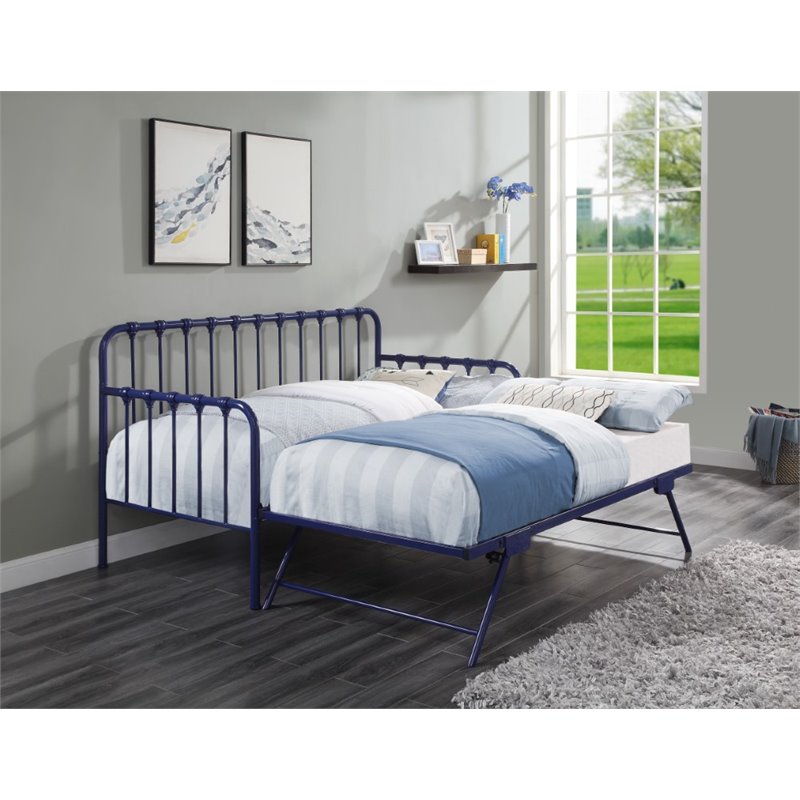 Pemberly Row Contemporary Metal Daybed with Trundle in Navy Blue