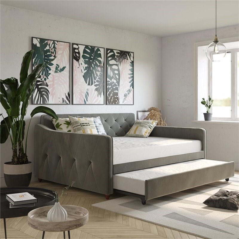 Pemberly Row Vintage Upholstered Full Daybed and Twin Trundle Set in Grey