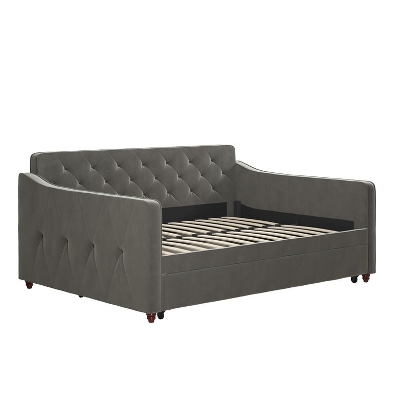 Pemberly Row Vintage Upholstered Full Daybed and Twin Trundle Set in Grey
