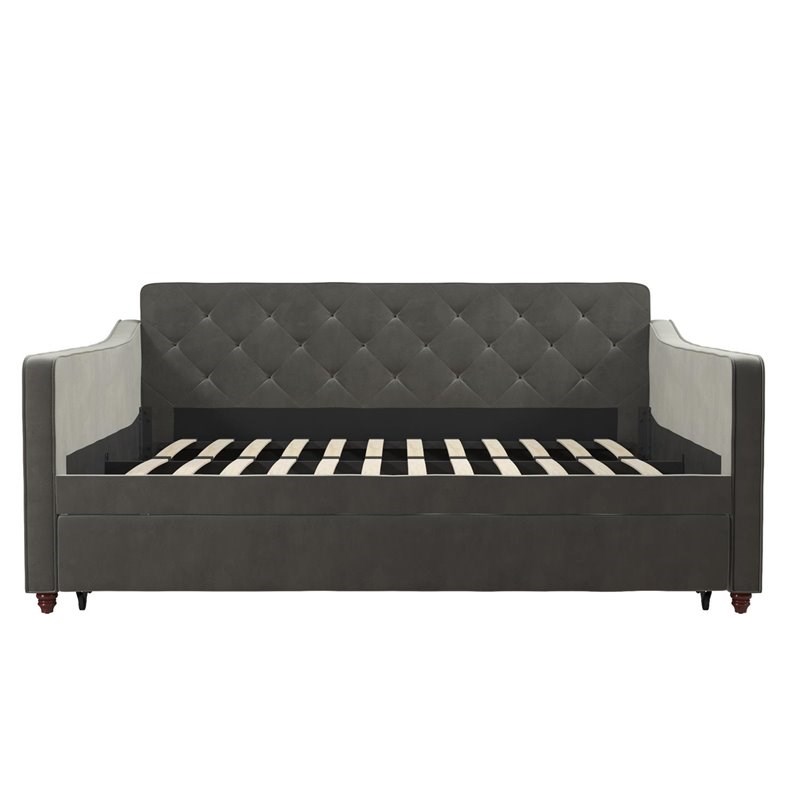 Pemberly Row Vintage Upholstered Full Daybed and Twin Trundle Set in Grey