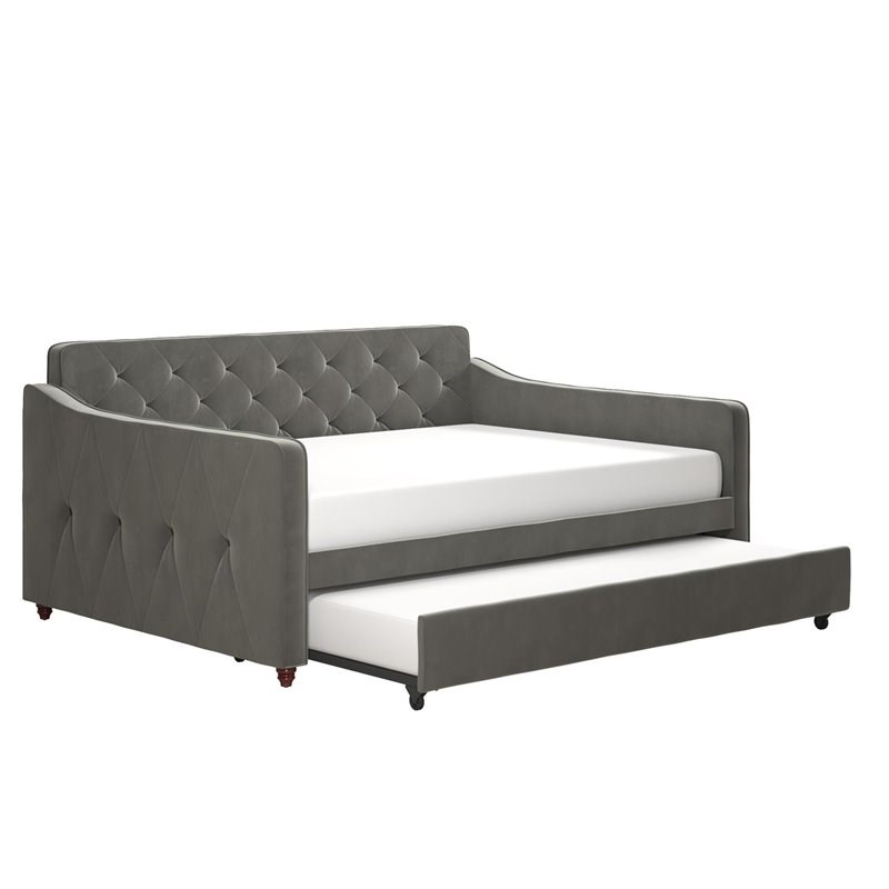 Pemberly Row Vintage Upholstered Full Daybed and Twin Trundle Set in Grey