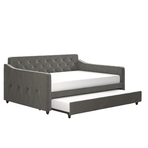 Pemberly Row Vintage Upholstered Full Daybed and Twin Trundle Set in Grey