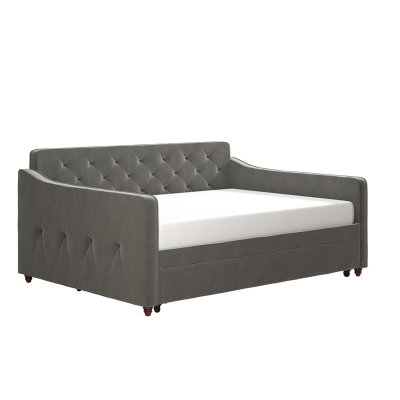 Pemberly Row Vintage Upholstered Full Daybed and Twin Trundle Set in Grey