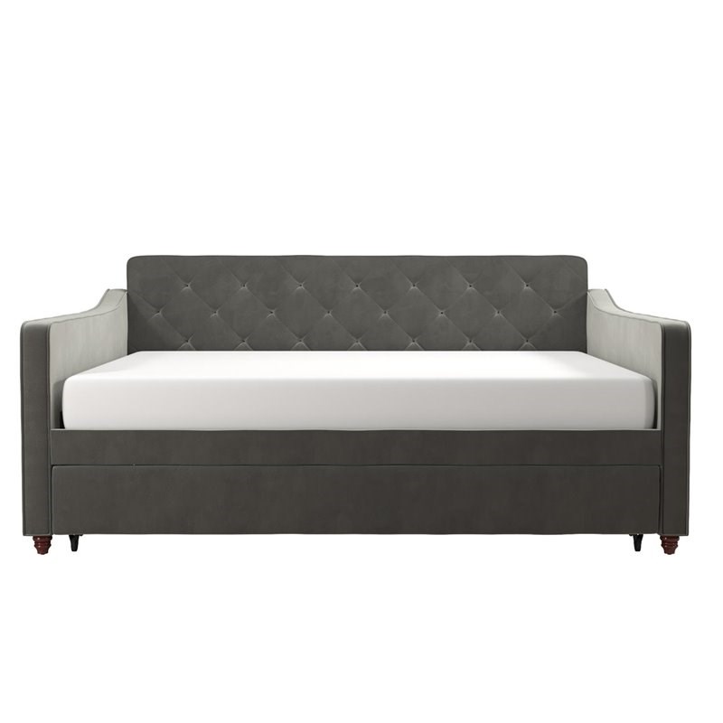 Pemberly Row Vintage Upholstered Full Daybed and Twin Trundle Set in Grey